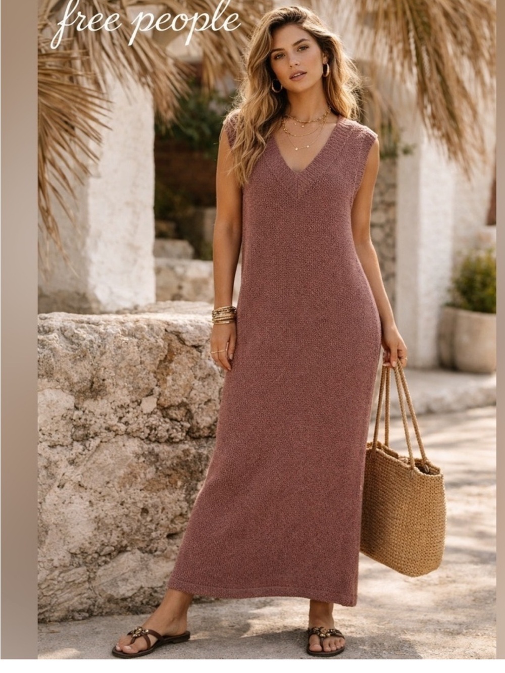 Free People Rose Mauve Knit V-Neck Maxi Dress